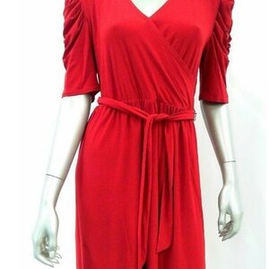 NY Collection Dress M Red High Waist Knee-Length Stretch Faux Wrap Valentine's